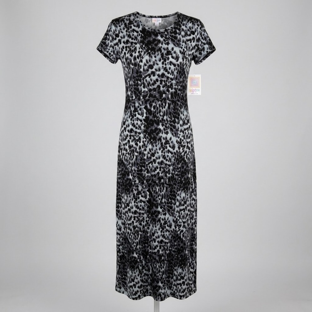 LuLaRoe Maria Maxi Dress Womens XS Grey Black Leopard Animal Print Short Sleeve